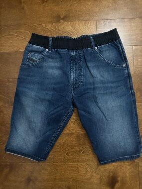 Diesel Men's Blue Washed Denim Shorts with Black Elastic Waist